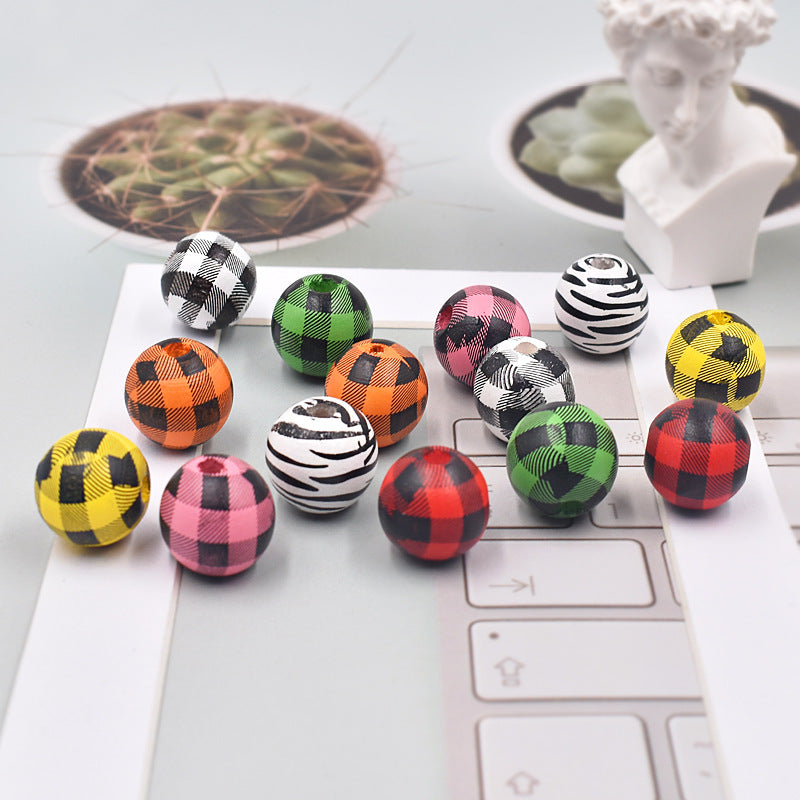 Wholesale 10PCS Houndstooth Wooden Beads DIY Beads Colored Plaid Wooden Beads