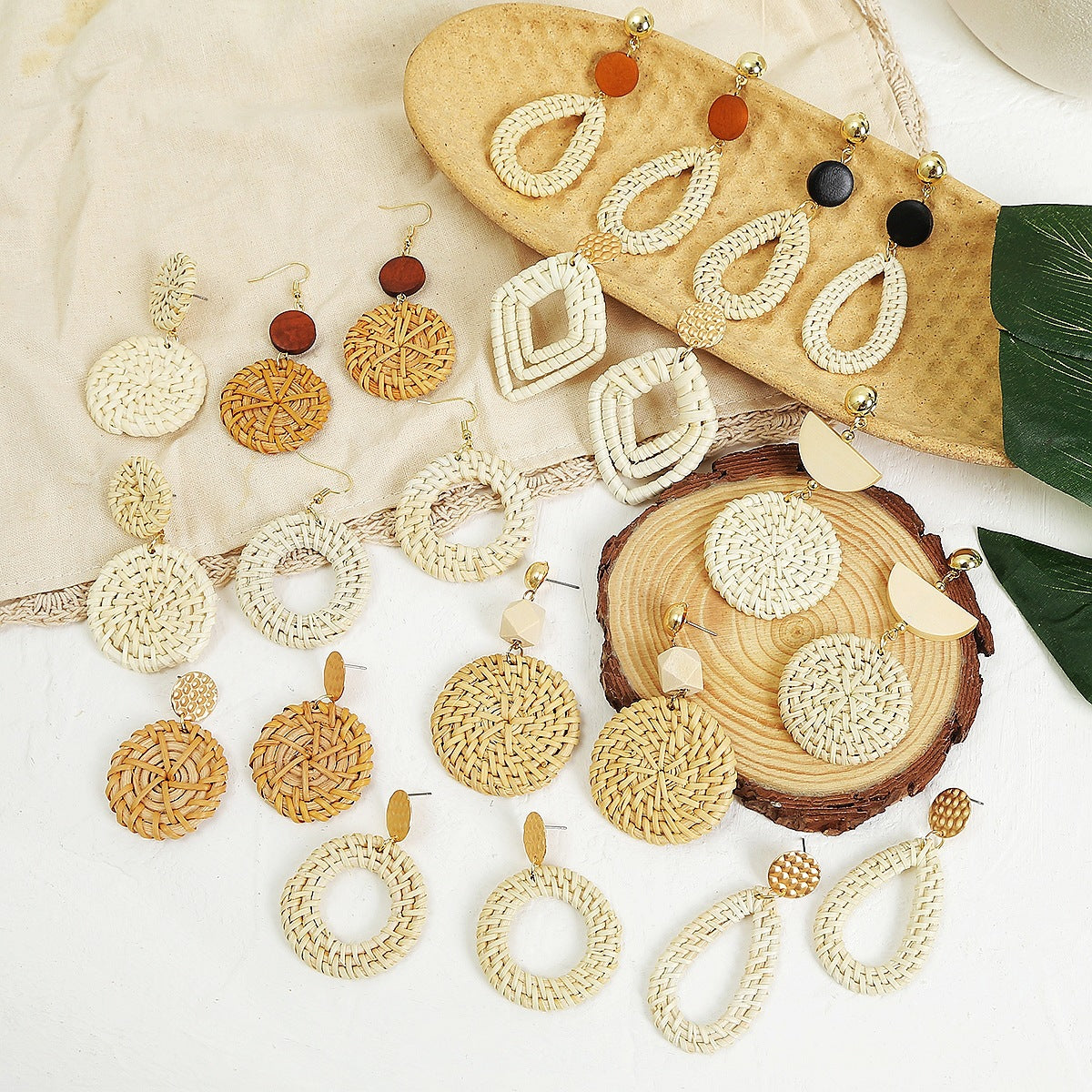 Wholesale Wooden Bohemian Bamboo Rattan Handmade Woven Rattan Earrings