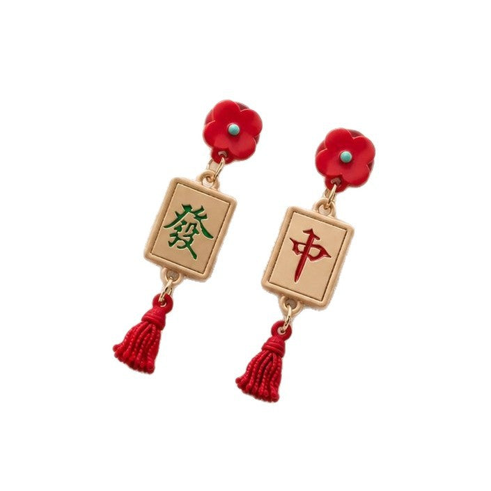 Wholesale Alloy Electroplated Chinese Style Mahjong Red Fortune Earrings Women S Tassel Jewelry For Party Wear