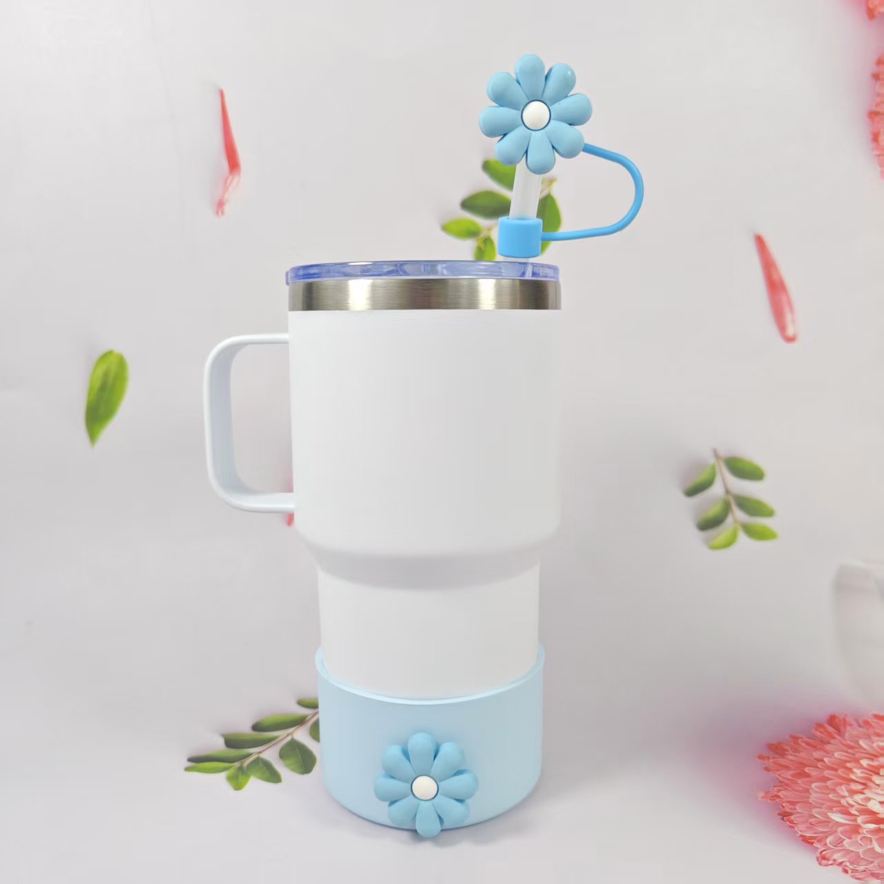 Wholesale Selling silicone insulated cup sleeves flower-decorated cup holders straw caps