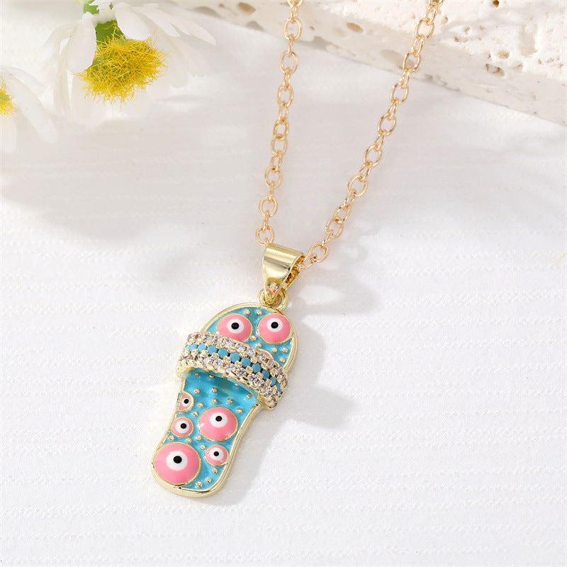 Wholesale Micro Paved Color Zircon Oil Drip Slipper Pendant Alloy Necklaces