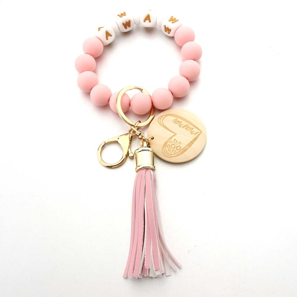Wholesale Cartoon Love Wooden Sign Creative MAMA Letter Silicone Bead Wrist Keychain