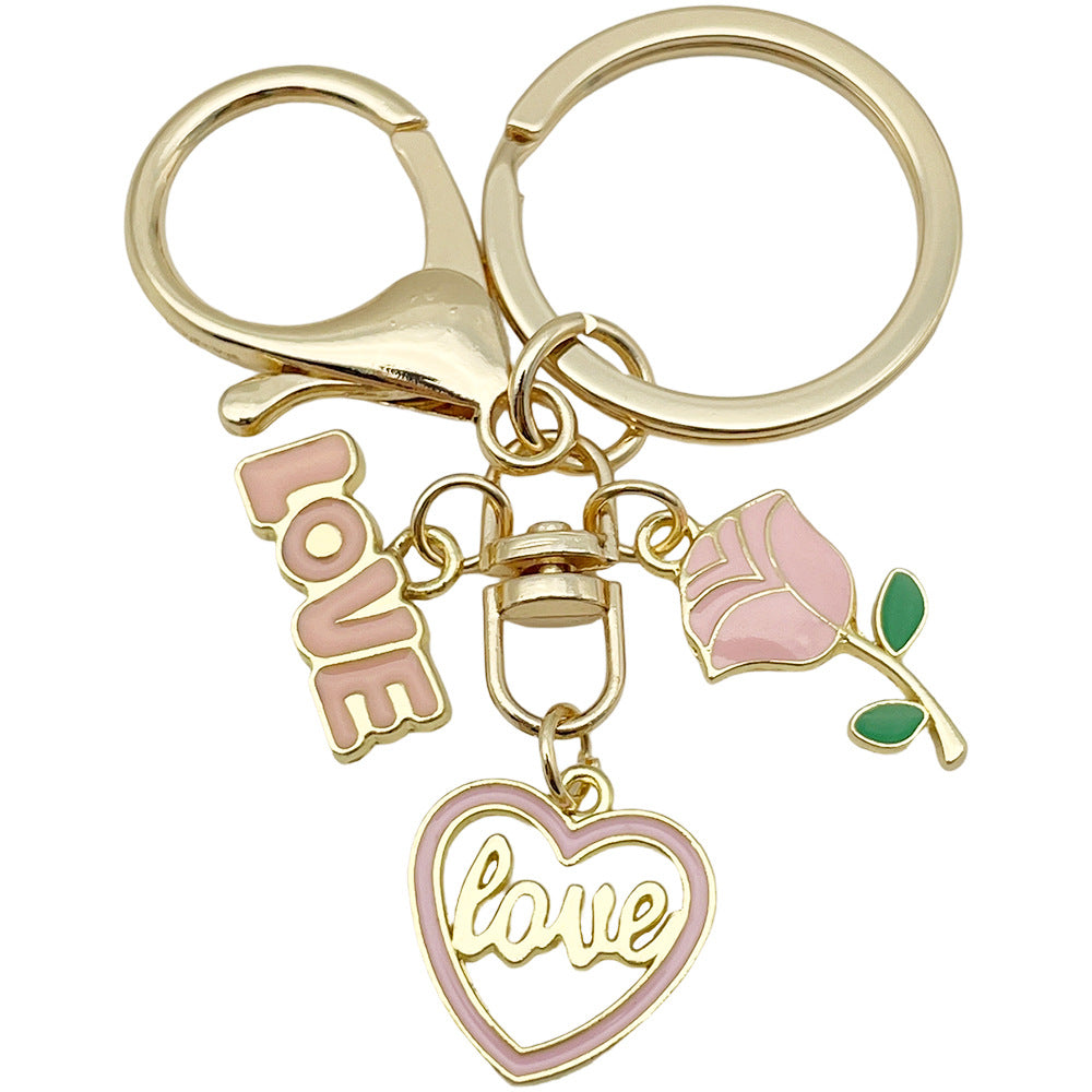 Wholesale  Valentine' s Day Pink Love Heart Rose Keychain