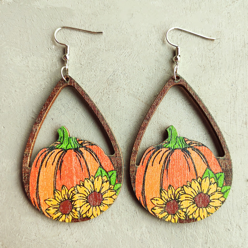 Wholesale 2pairs/pack Wooden Thanksgiving Colorful Maple Leaf Sunflower Earrings