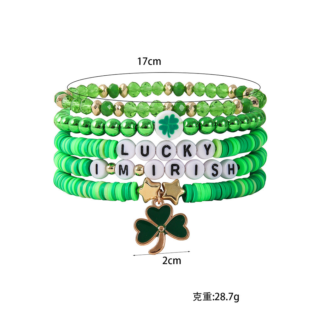 Wholesale St.  Patrick' s Day Green Clover Lucky Letter Bracelet Set