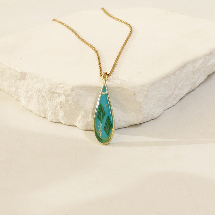 Wholesale 6pcs Resin Colored Dried Flower Pendant Water Drop Necklace