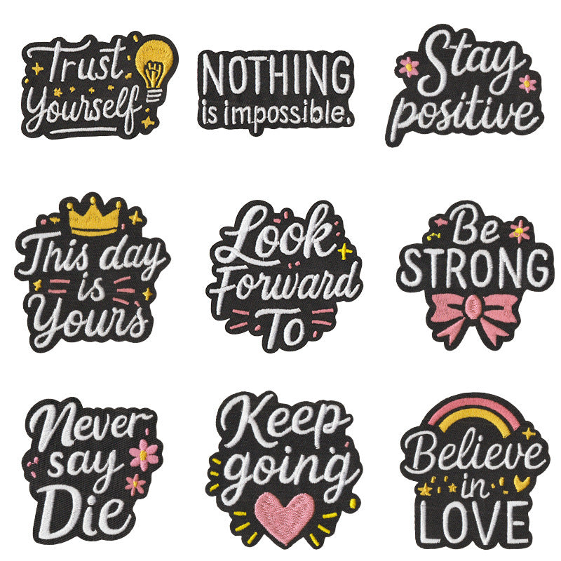 Wholesale Embroidered Iron On Patches Set 9Pcs Black White Cartoon English Slogan Appliques For Clothing Bags Towels Chic DIY Decorative Accent