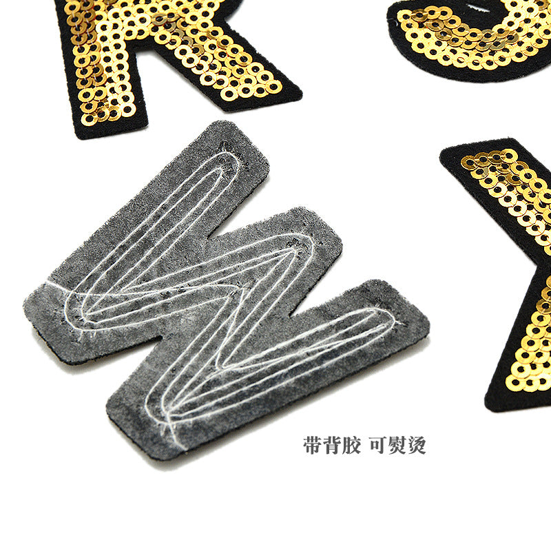 Wholesale Polyester Gold Sequin Alphabet Embroidered Patches For Coats Fashion Clothing Decorative Applique DIY Craft Supply