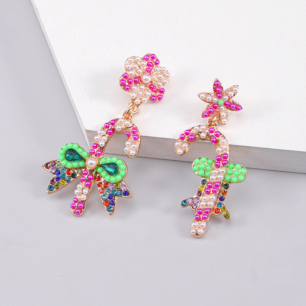 Wholesale Christmas Cute Bow Candy Cane Alloy Earrings