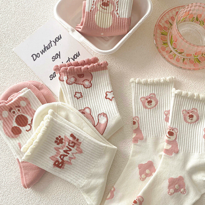 Wholesale Pink Medium Cotton Cute Girl Cartoon Lace Socks