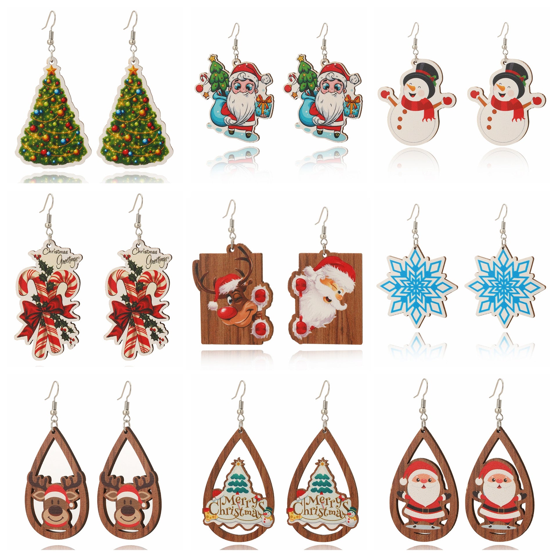 Wholesale Christmas Wood Snowflake Exaggerated Christmas Tree Earrings