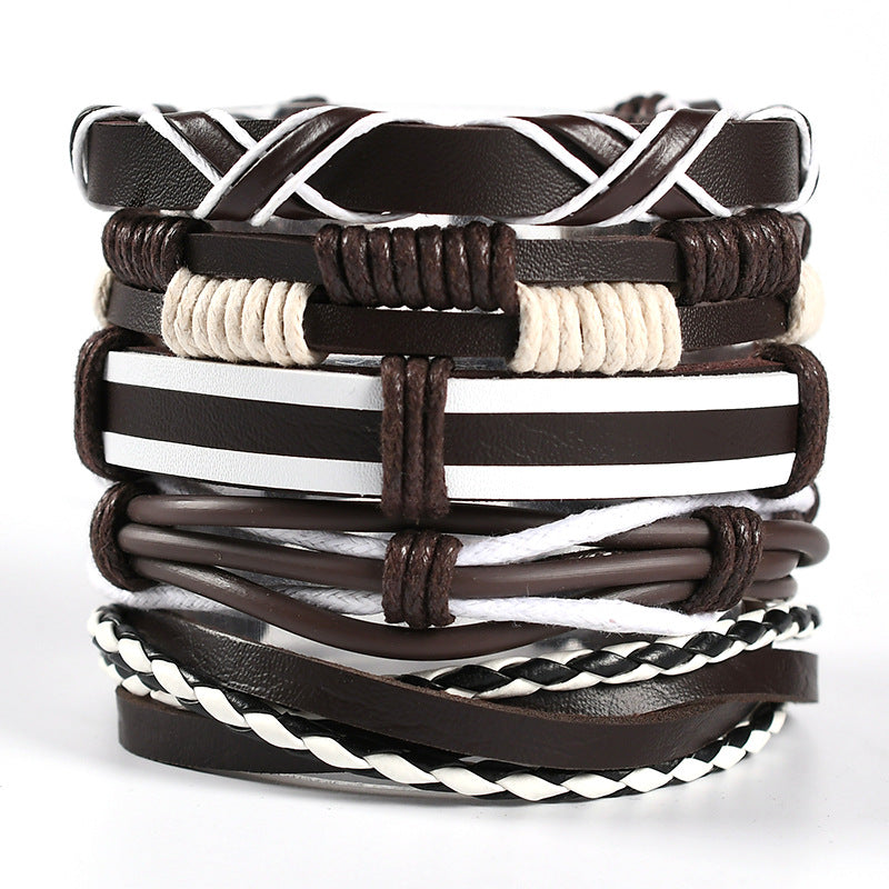 Wholesale Men's Braided Leather Bracelet Multi-layer Set Skull Bracelet