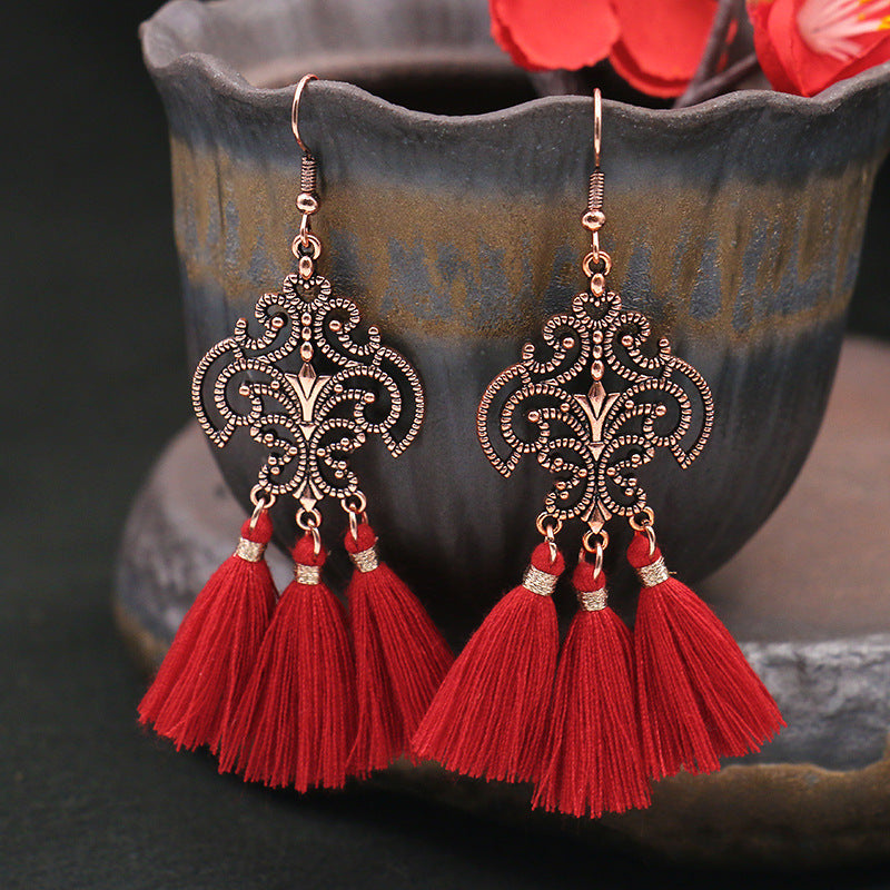 Wholesale Long Tassel Bead Mesh Metal Geometric Earrings