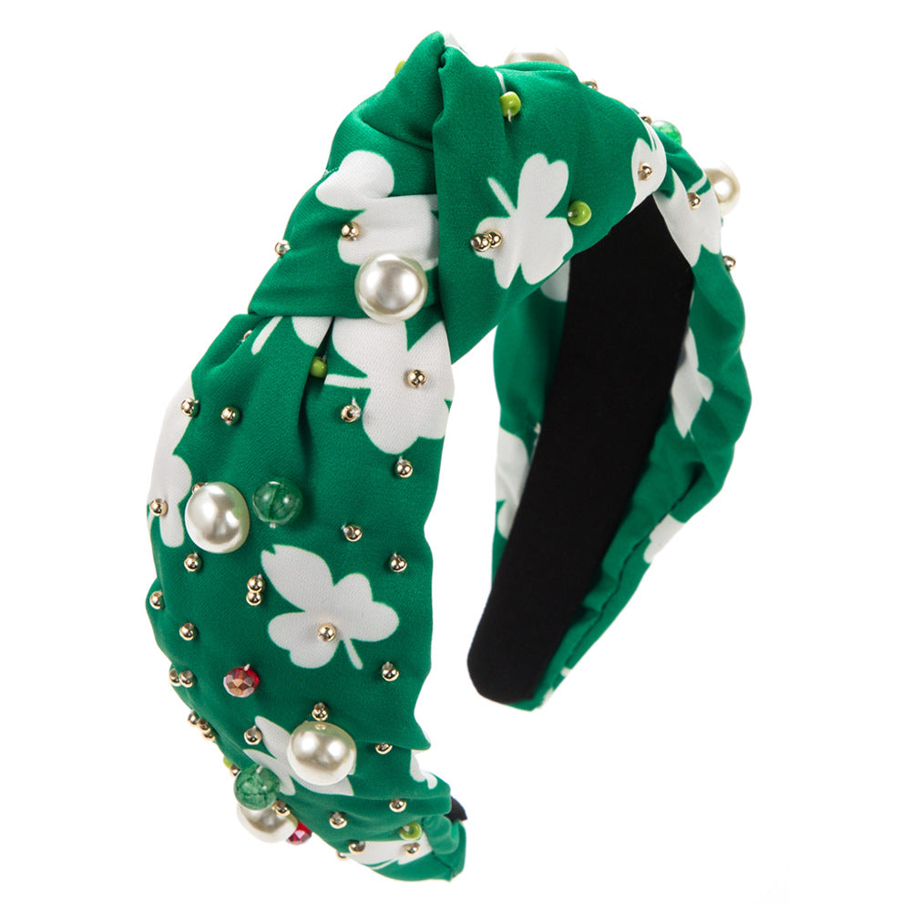 Wholesale Irish Festival Green Plaid Floral Fabric Hand-stitched Pearl Glass Diamond Headband