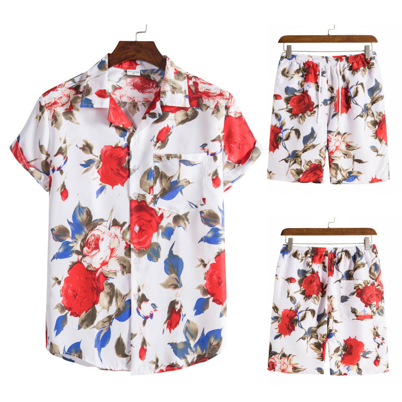 Wholesale Men's Short Sleeve Set Hawaiian Beach Wind Print Short Sleeve Shorts