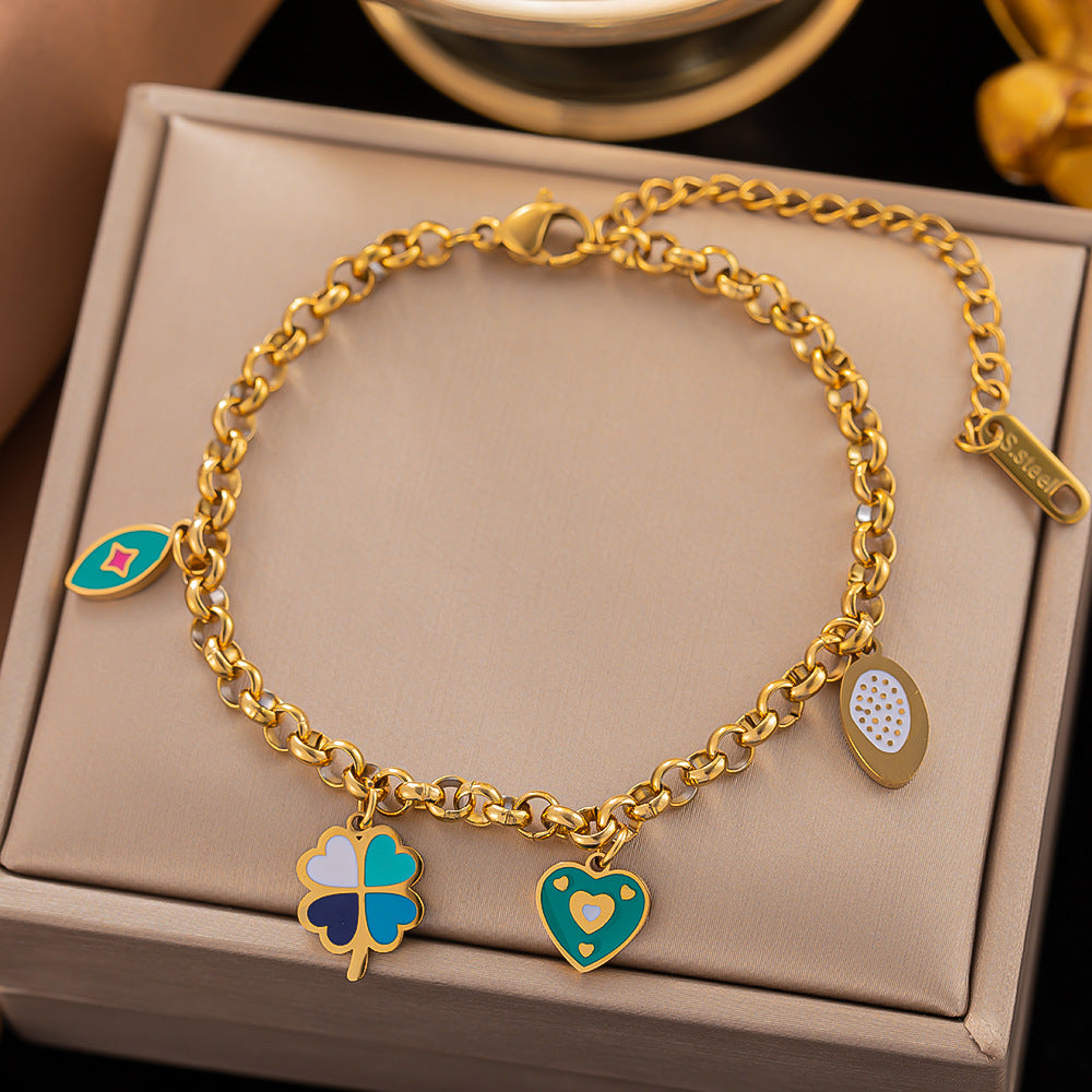 Wholesale Color Drip Oil Flower Eye Heart Titanium Steel Bracelet