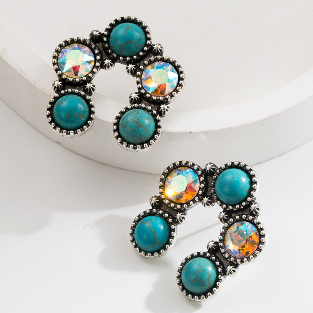 Wholesale Ethnic retro diamond turquoise geometric pendant earrings