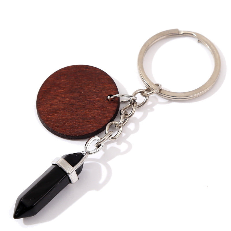 Wholesale Stone Crystal Hexagonal Pillar Round Wood Chip Keychain