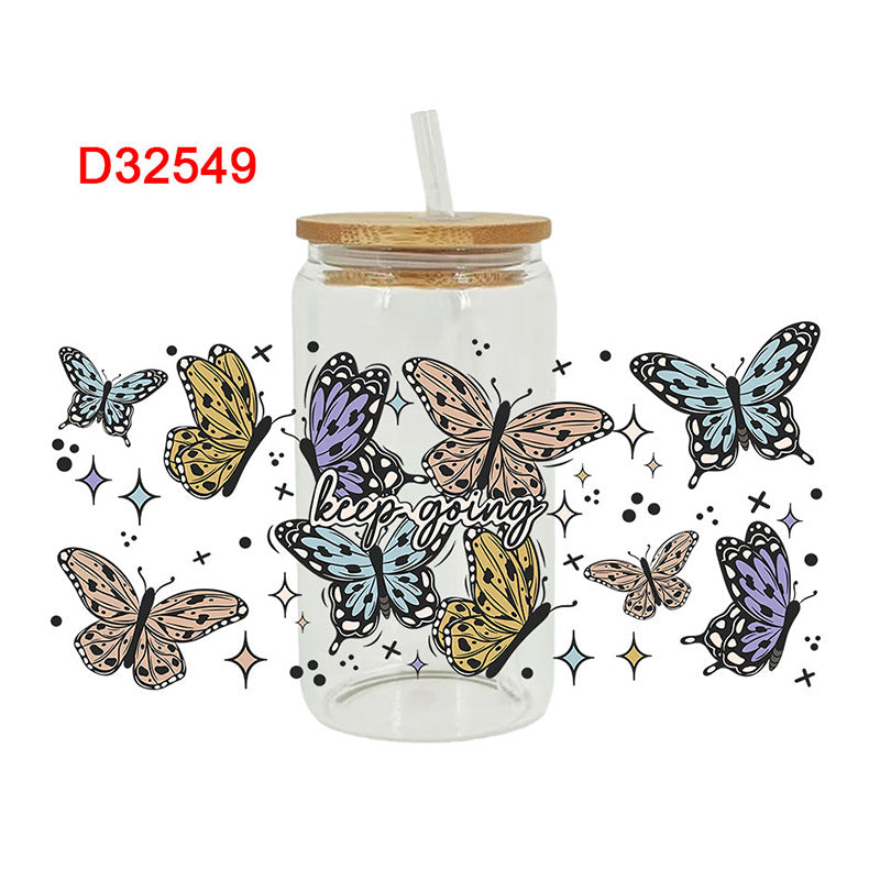 Wholesale Colorful Butterfly Flowers 16oz Cup UV DTF Wraps