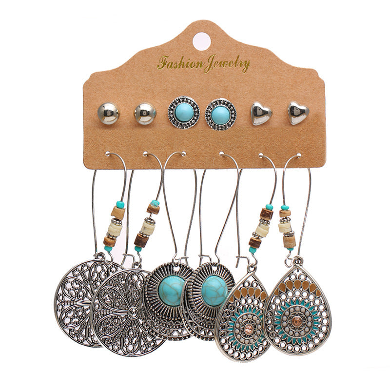 Wholesale Gem Hollow Half-circle Leaf Feather Vintage Earrings 6 Pairs Set