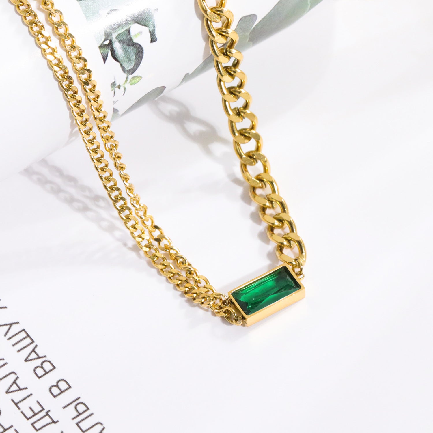 Wholesale Double Chain Stitching Inlaid Emerald Crystal Stainless Steel Necklace Sweater Chain