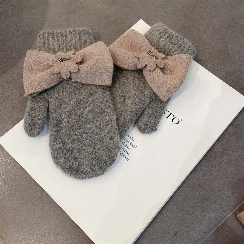 Wholesale Christmas Bowknot Peach Heart Bag Finger Cashmere Gloves