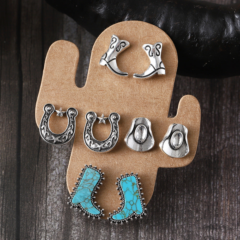 Wholesale Style Fashionable Cool Style Boots Hat Earrings Turquoise Cactus Four-piece suit Women