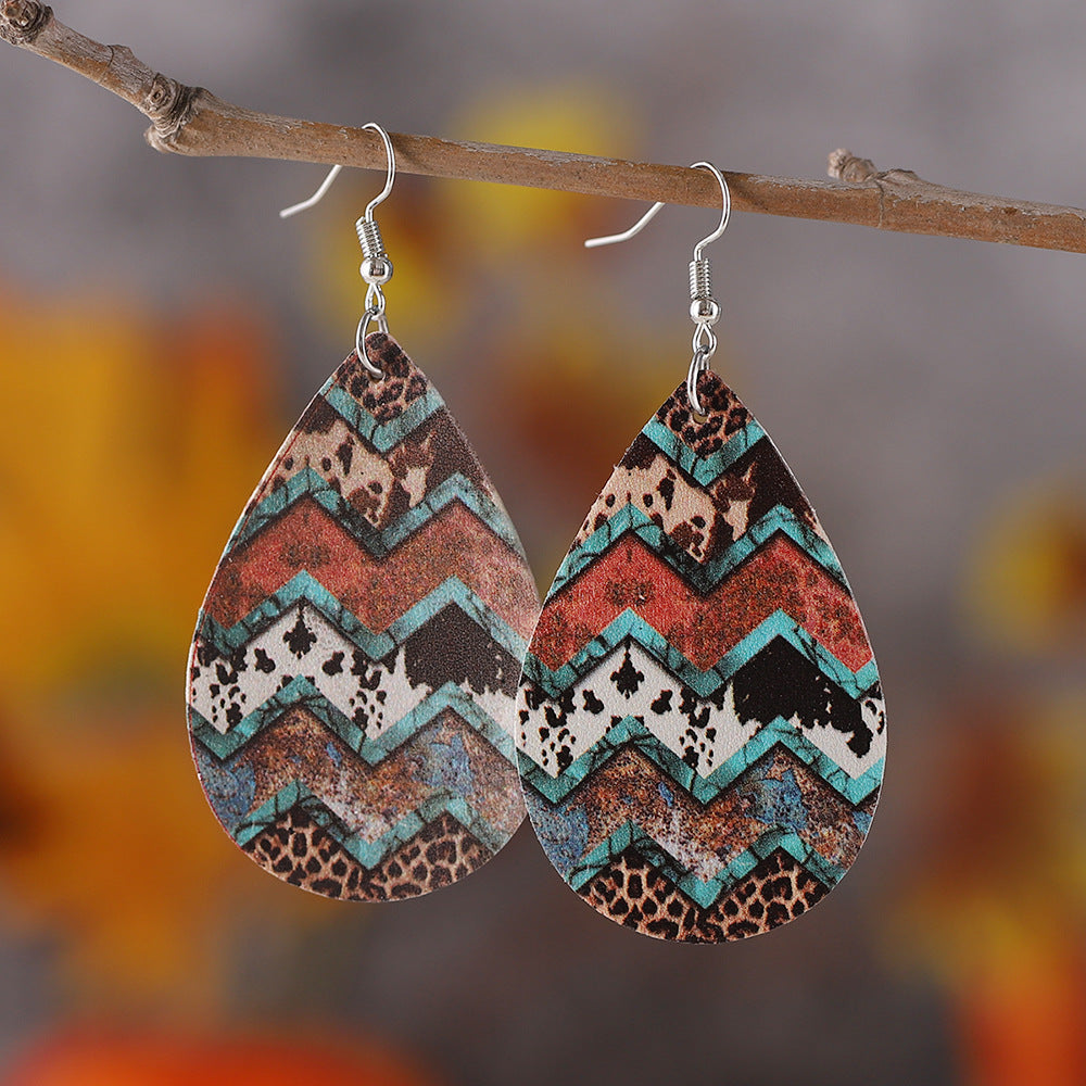 Wholesale Western-style leopard-print turquoise drop leather double-sided earrings