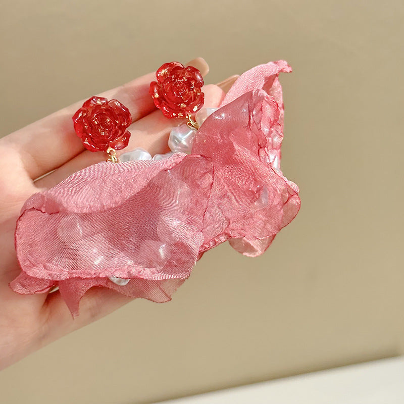 Wholesale Fabric flower super fairy handmade beaded fairy small fresh flower silver needle earrings