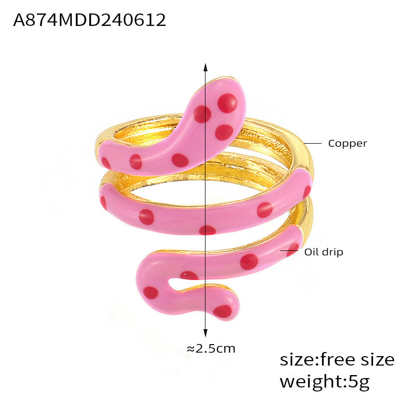 Wholesale Bohemian style color oil drop snake copper ring ins sweet cool hot girl open finger ring color retention in stock supply