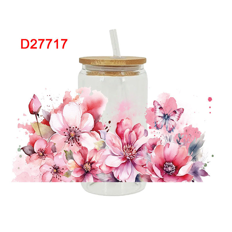 Wholesale Pink and red flowers 16oz Cup UV DTF Wraps