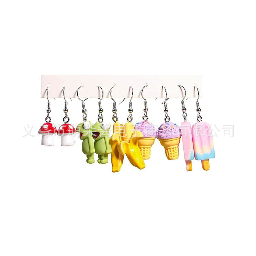 Wholesale 5pcs/pack Hot Sale Sweet Cool Creative Resin  Flowers, Strawberry Mushroom Drink Bottle, Small Cake Earrings Set