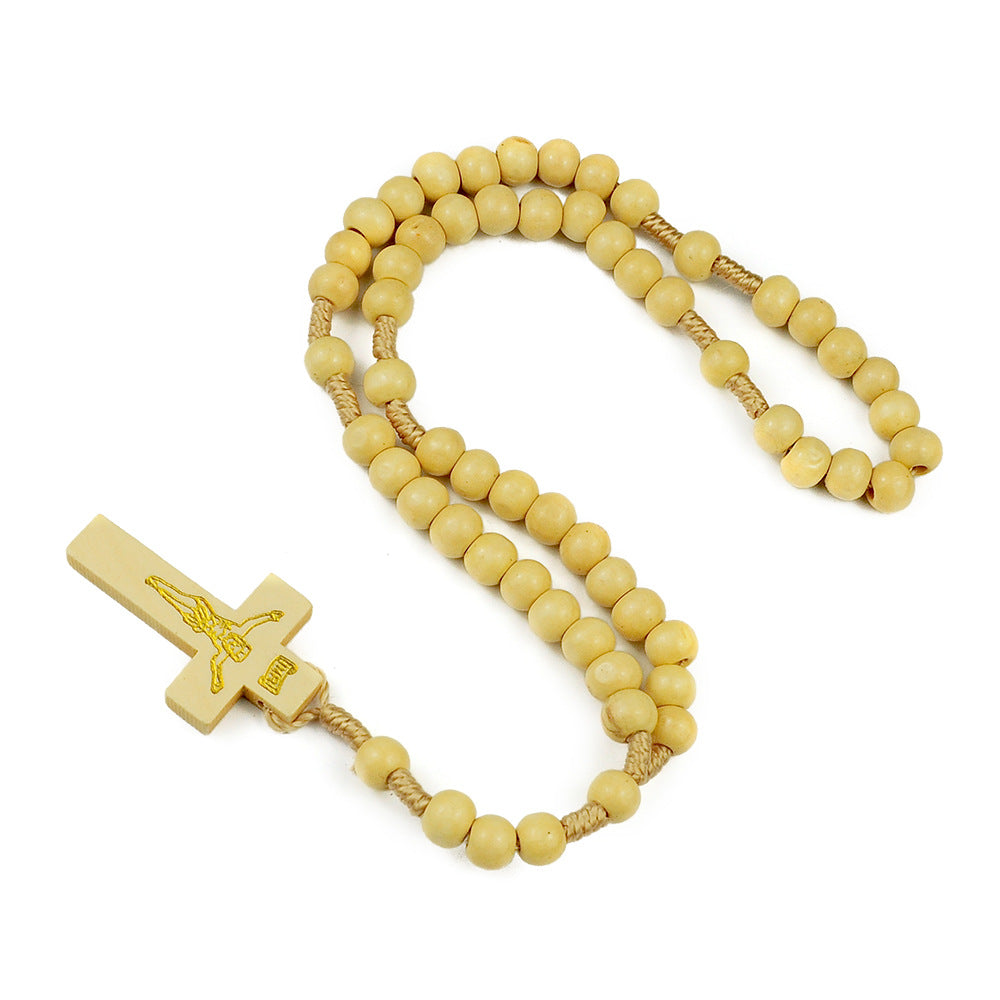 Wholesale Natural Wood Cross Rosary Braided 8mm Wooden Beads Necklace