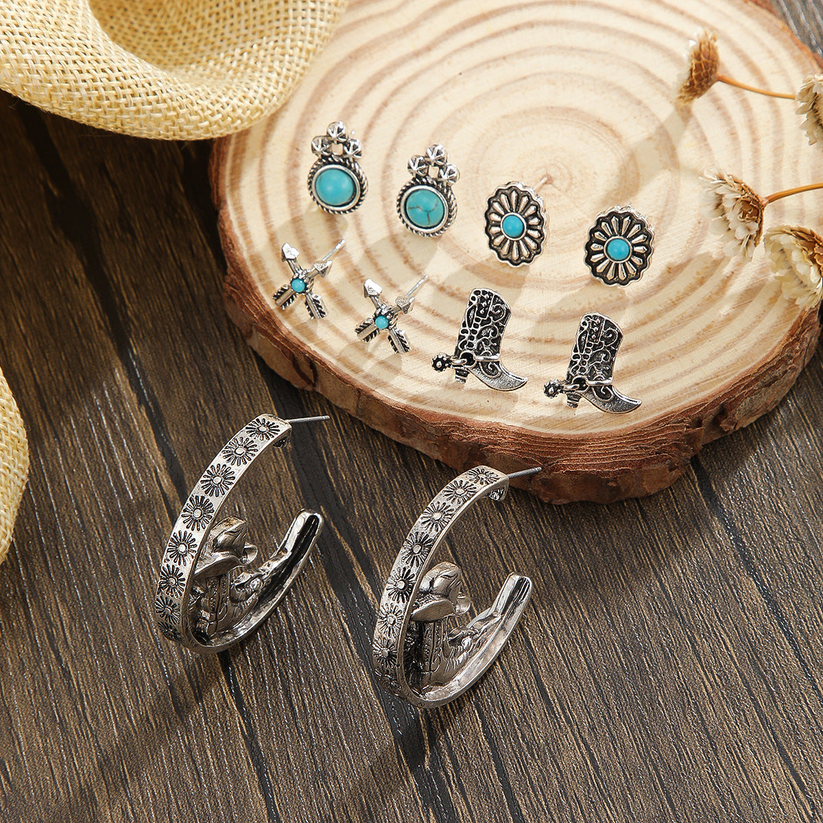 Wholesale Ethnic Style Zinc Alloy Earrings Set With Imitation Turquoise And Tassel Bull Head Cowboy Boot Design Fashion Accessory For Casual Party Gift