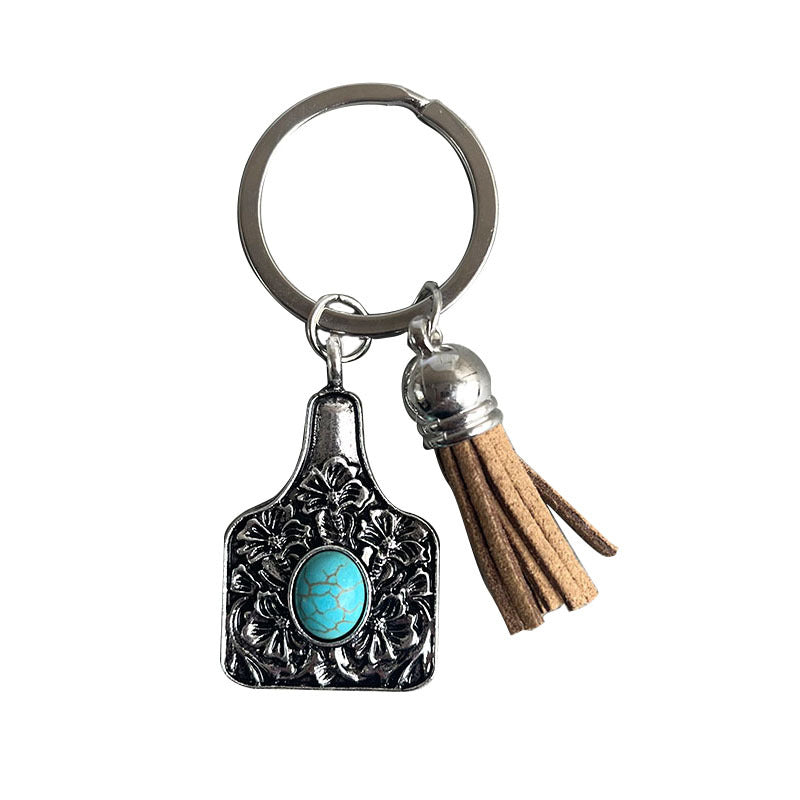 Wholesale 3PCS/PACK Turquoise Alloy Vintage Cow Tag Pendant Keychains