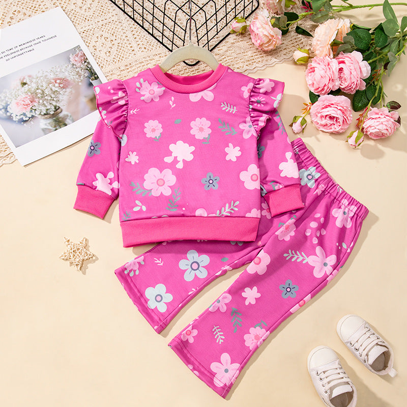 Wholesale Girls Korean Style Two Piece Sweatshirt And Flared Pants Set Long Sleeve Round Neck Autumn Winter Everyday Outfit