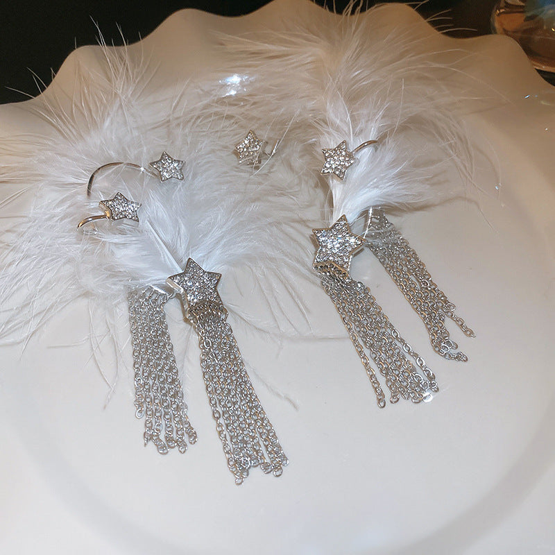 Wholesale Diamond studded bow feather tassel earrings