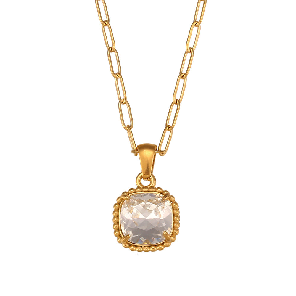 Wholesale Vintage Stainless Steel Paper Clip Chain Square Gemstone Necklace