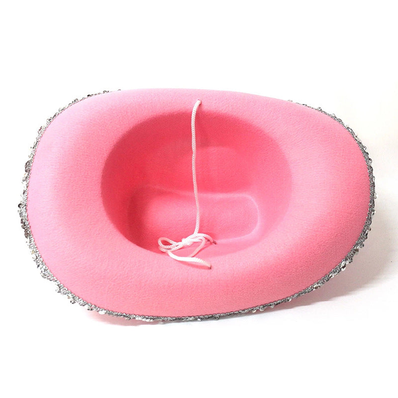 Wholesale Feather-trimmed lettering sequined pink crown cowboy hat