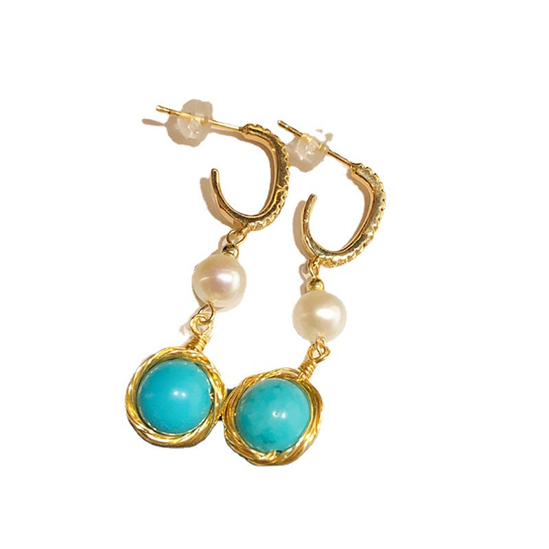 Wholesale Natural pearl hand wound turquoise long earrings