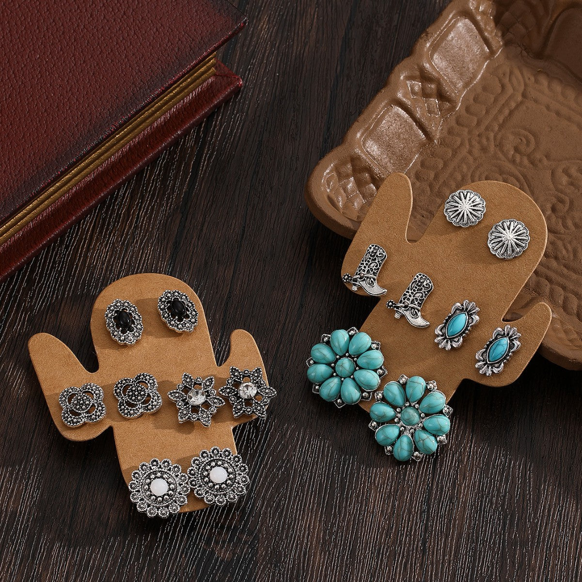 Wholesale 4 Pairs Blue Vintage Bohemian Ethnic Earrings Alloy Electroplated Stylish Jewelry Accessory For Party And Everyday Wear
