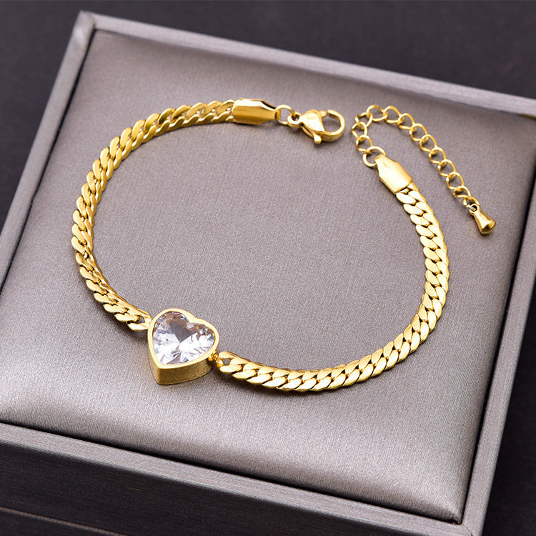 Wholesale European and American Fashionable White Zircon Love Necklace Titanium Steel Bracelet Simple and Versatile Girl Green Diamond Clavicle Chain Bracelet Heart Shape