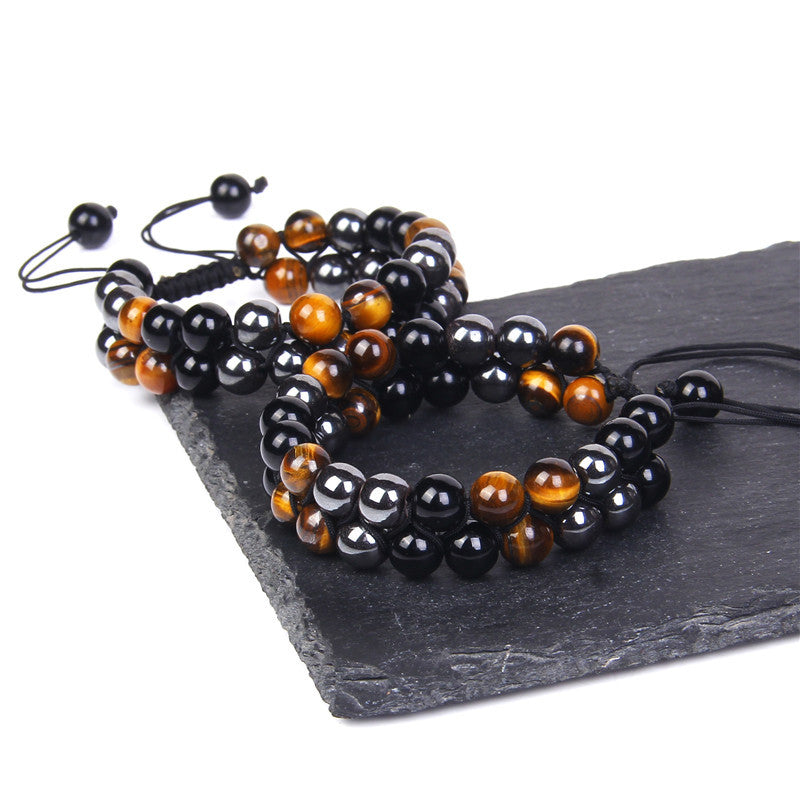 Wholesale Natural Tiger Eye Stone Black Onyx Double Layer Handwoven Bracelet