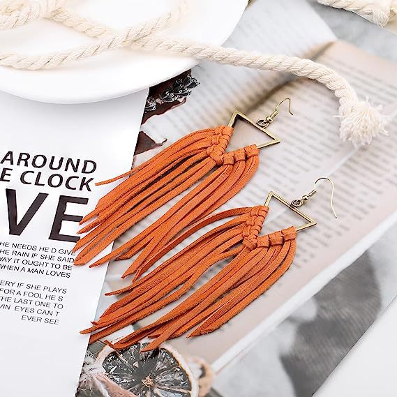 Wholesale Distinctive Tassel Western Style Leather Large Long Earrings