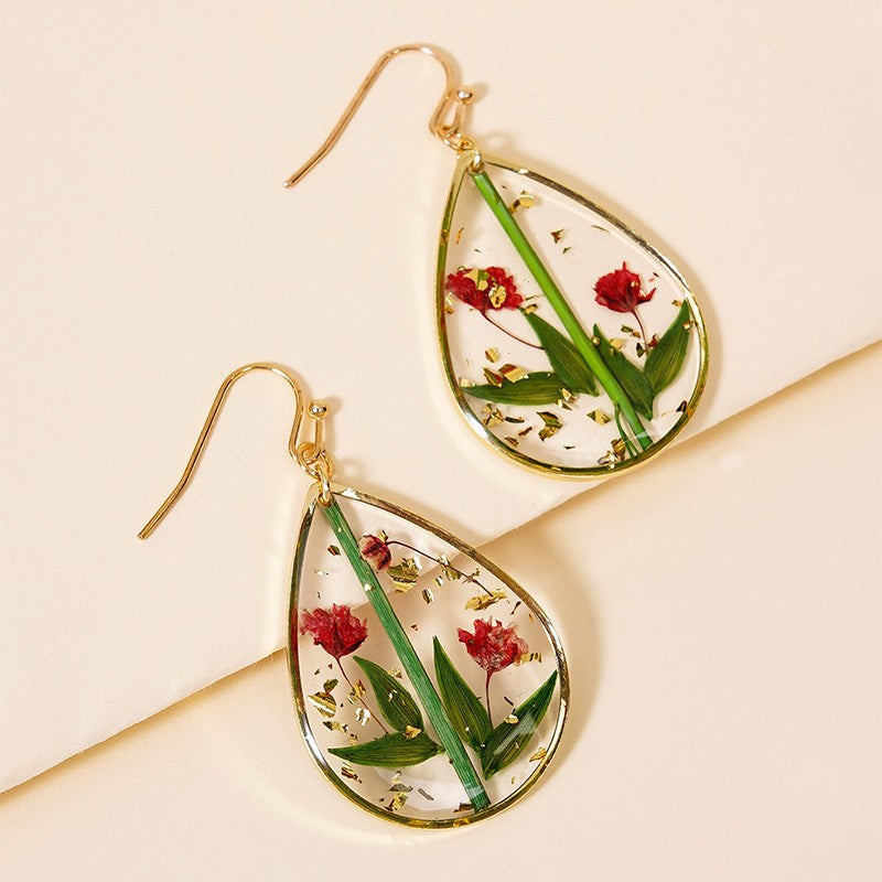 Wholesale Epoxy Leaf Eternal Red Dried Flower Earrings