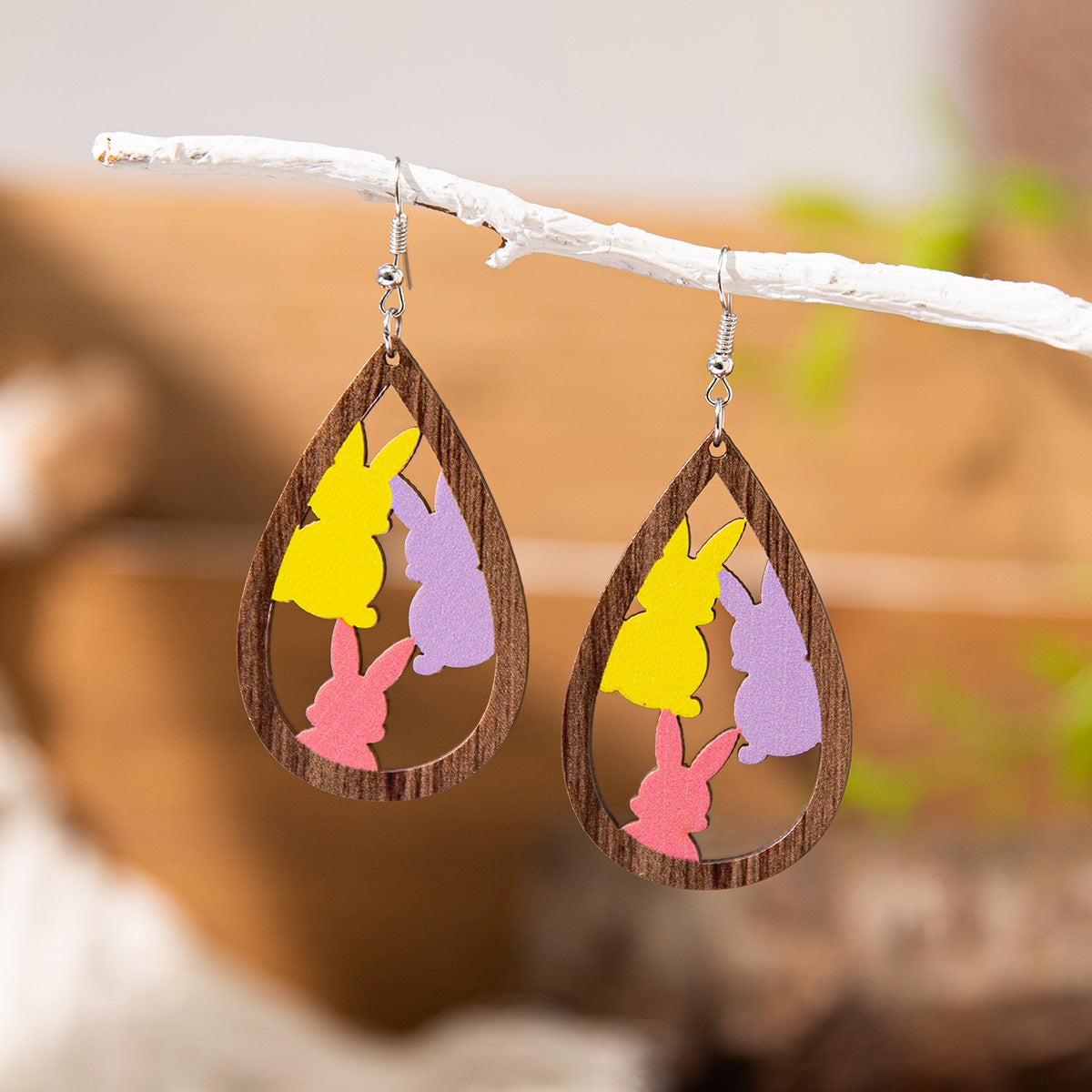 Wholesale Easter cartoon rabbit Easter egg Wood Earrings