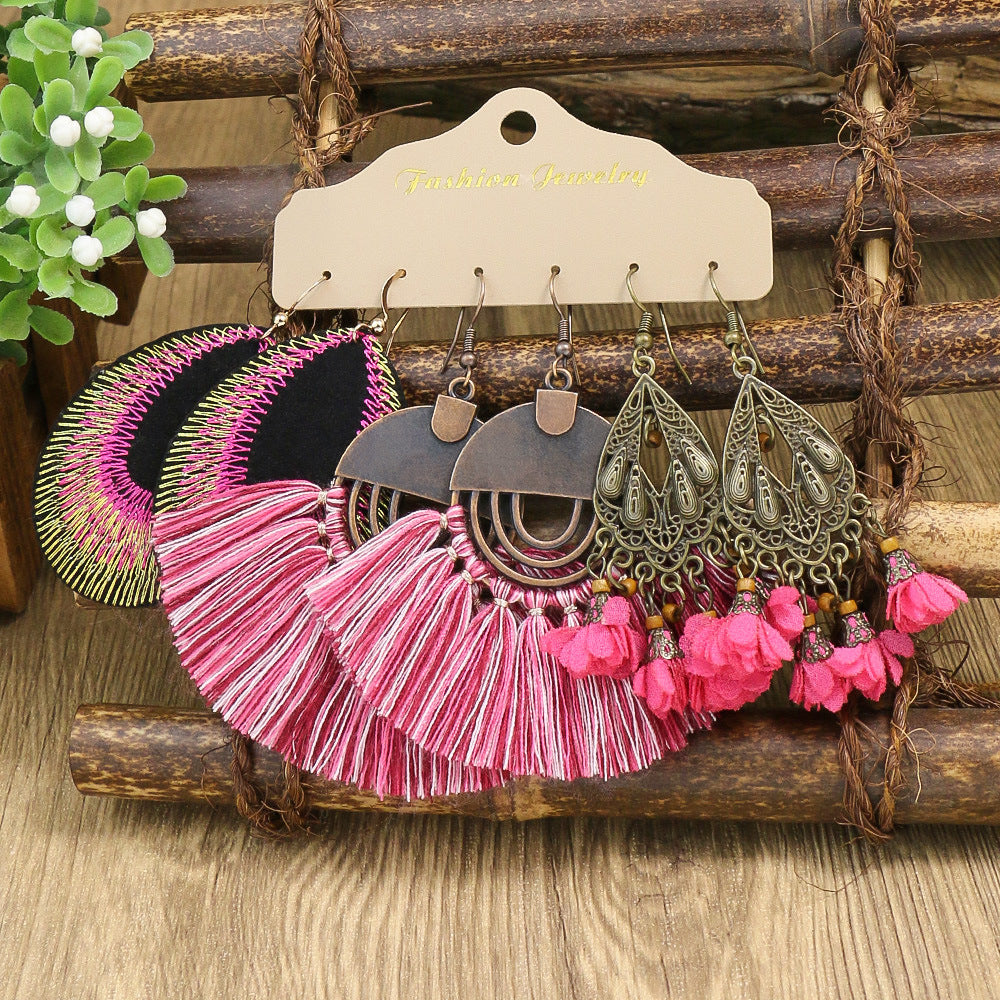 Wholesale Boho Vintage Three Piece Set Tassel Flower Earrings