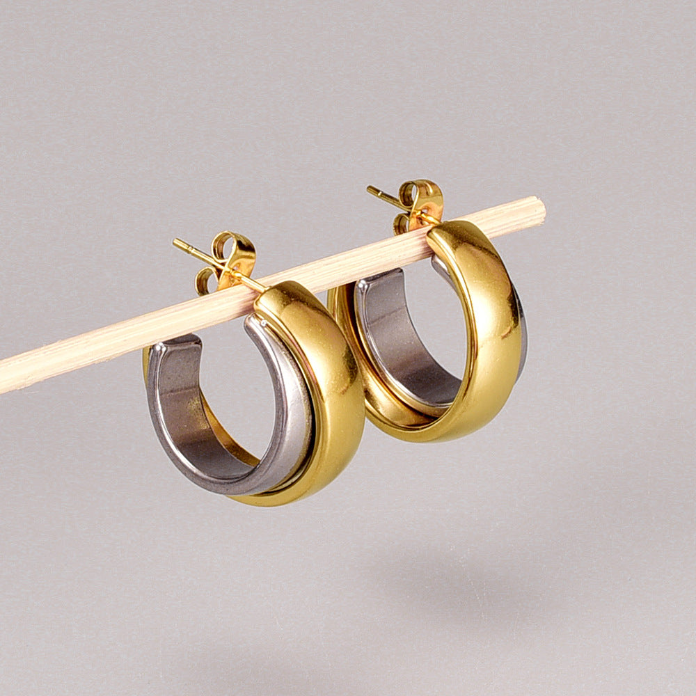 Wholesale Dual Color Overlapping Splicing Double Ring Gold-plated Earrings