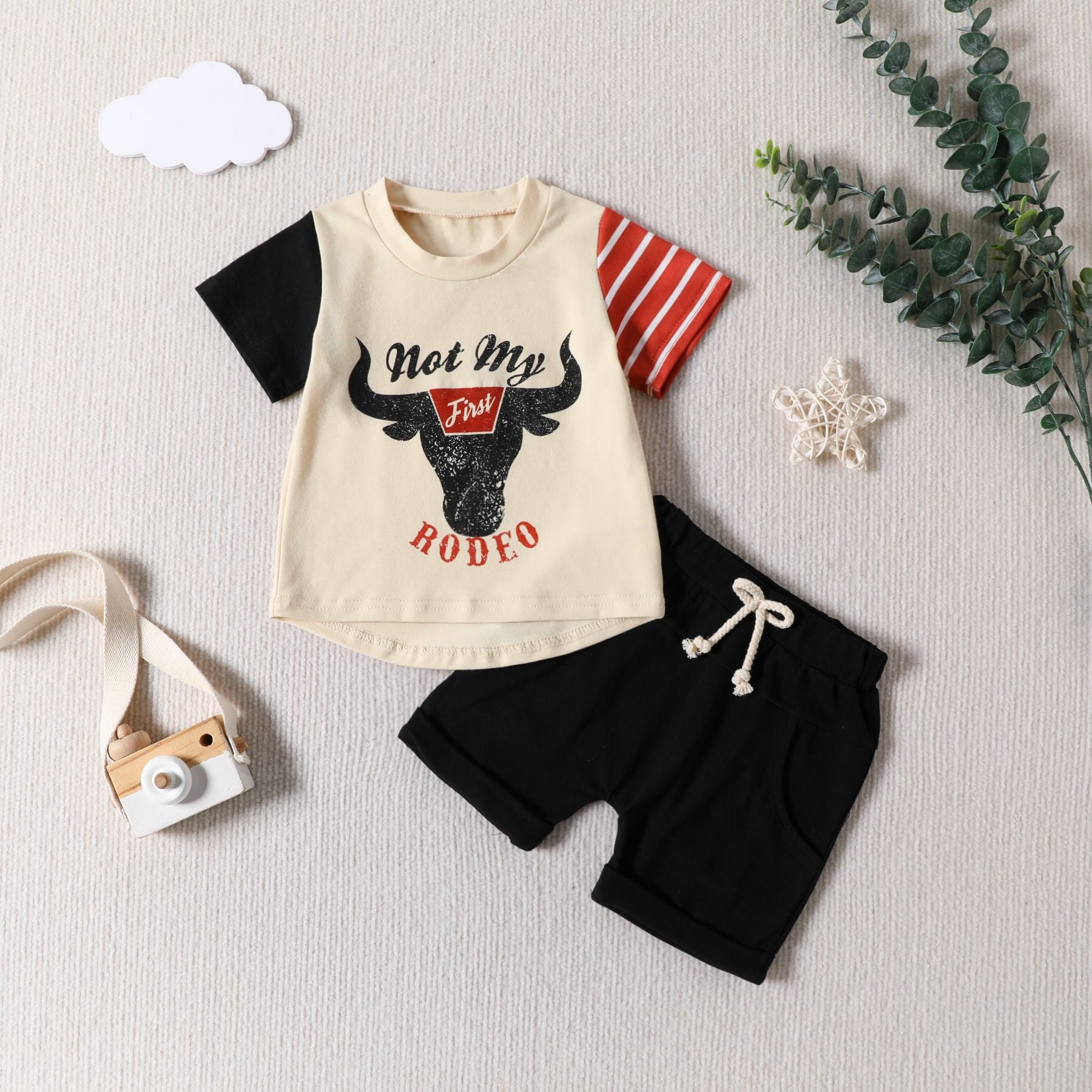 卸売コットン ウエスタン デニム スタイル パッチワーク カラー T シャツとショーツ セット