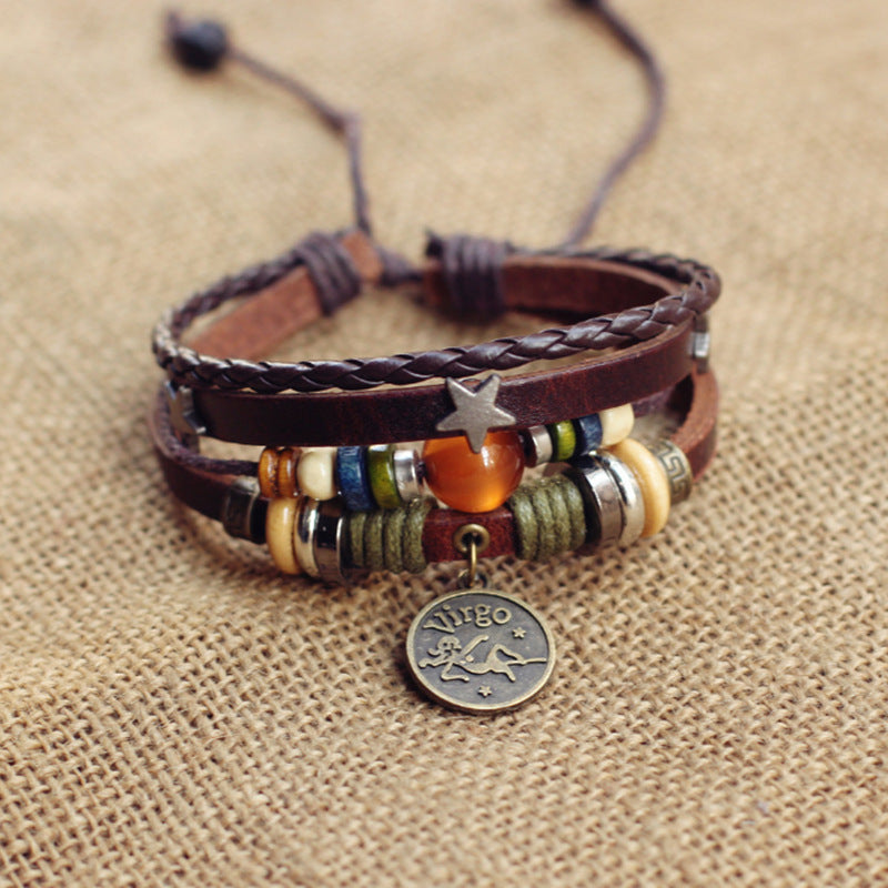 Wholesale Twelve Constellation Agate Punk Vintage Rivet Jewelry Multi-layer Bracelet